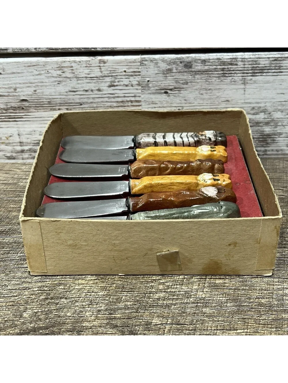 Vintage Boston Warehouse Butter Spreader Cheese Knife 6 Pc. Set Zoo Animals
